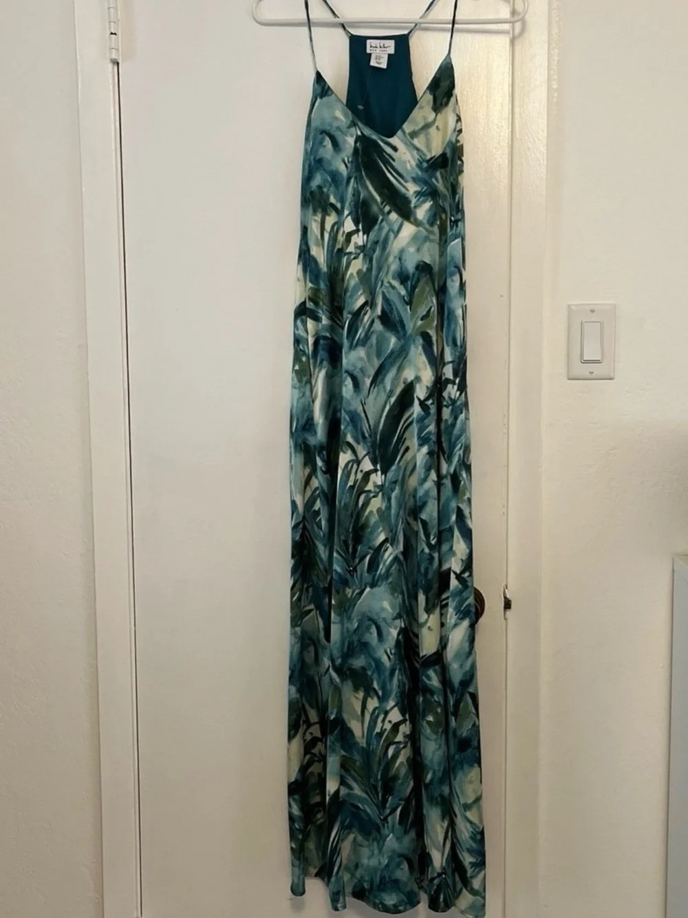 Nicole Miller Teal & Blue Printed Satin Camisole Maxi Dress NWOT - Picture 2 of 6